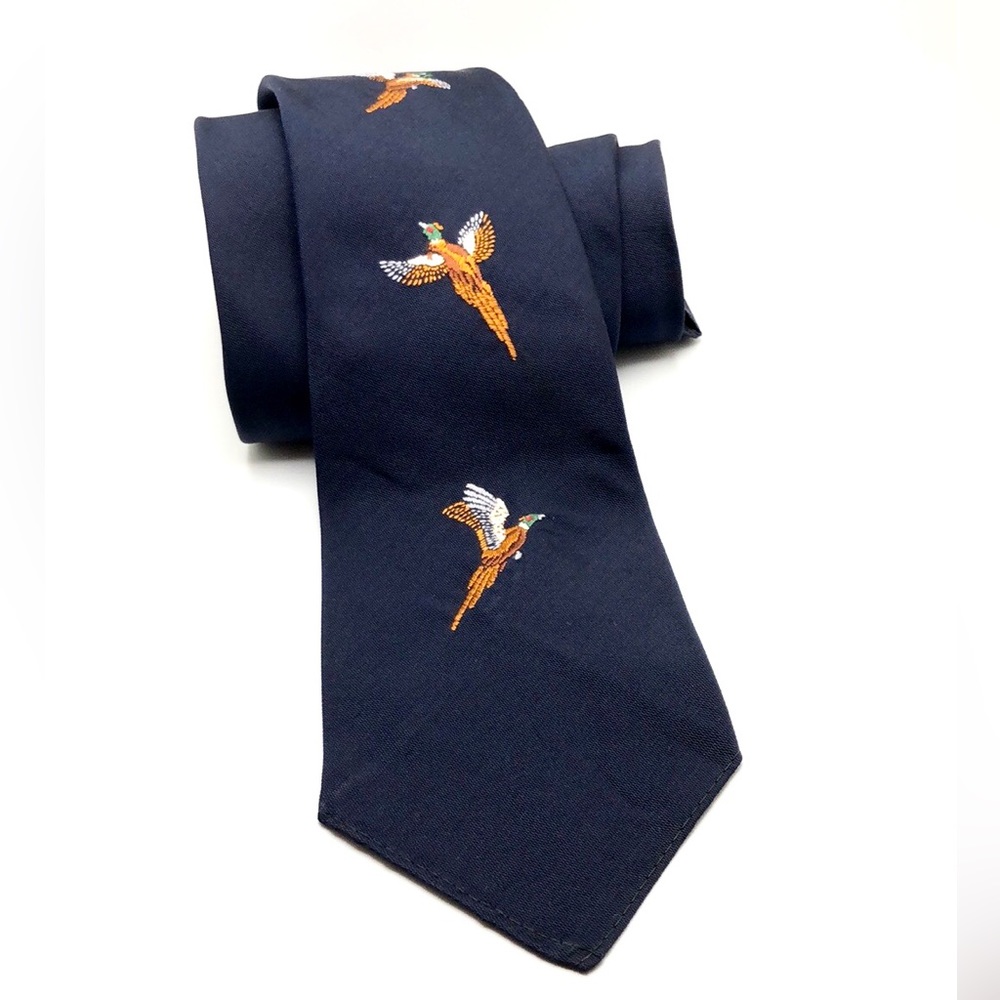 Abercrombie & Fitch Navy Blue w/detailed Bird Embroidery Silk Tie VTG